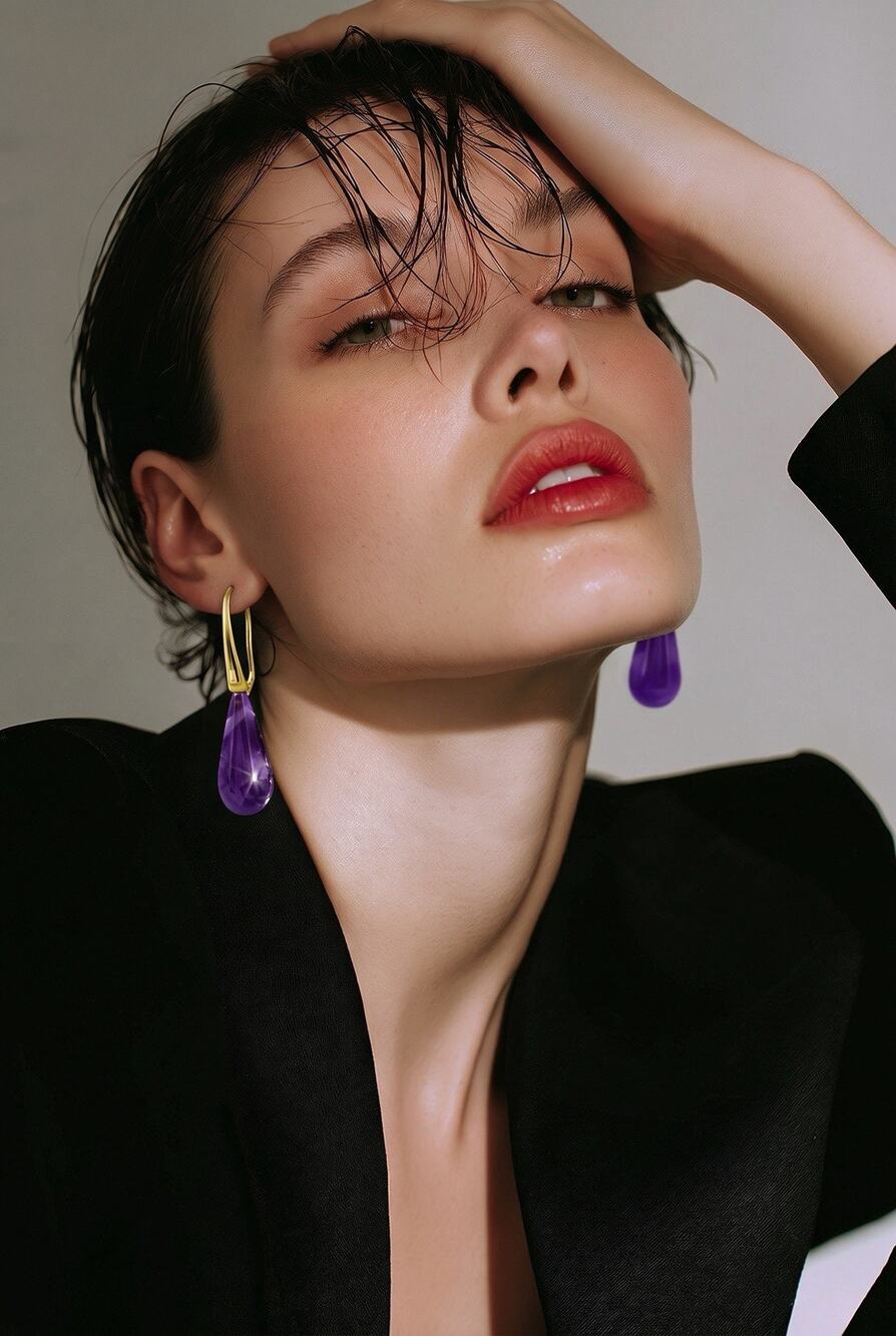 Macy’s 14K Gold Plated Genuine Stone Teardrop Amethyst Purple Earrings